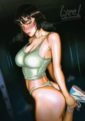 1girls ass big_breasts black_hair blush breasts camisole cleavage clothed female fubuki_(one-punch_man) green green_eyes green_panties holding_leg large_breasts locker_room looking_at_viewer lyze no_bra no_pants one-punch_man short_hair sneakers socks solo standing_on_one_leg strap_gap sweat thick_thighs thong thong_panties