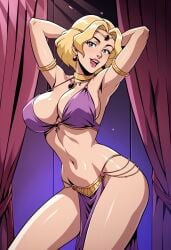 1girls ai_generated armwear belly_dancer belly_dancer_outfit belly_dancing big_breasts big_breasts blonde_hair bra bracelet breasts breasts cleavage creature_commandos curtains dancer dancing dc_comics earrings exotic_dancer female female female_focus female_only gold_jewelry hands_behind_head harem_clothing harem_girl harem_jewelry harem_outfit headwear ilana_rostovic jewelry large_boobs large_breasts loincloth looking_at_viewer necklace neckwear open_mouth purple_bra short_hair solo solo_female solo_focus zupern0va_(manipper)