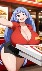 ai_generated blue_eyes busty cleavage hadou_nejire huge_breasts long_hair my_hero_academia pizza purple_hair thick_thighs