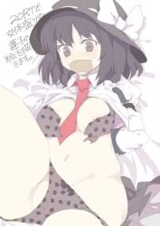 black_hat blush bondage bound breasts brown_eyes brown_hair female gag gagged hat improvised_gag looking_at_viewer necktie non-web_source red_necktie renko_usami shibatenko shirt solo tape tape_gag torn_underwear touhou usami_renko white_shirt