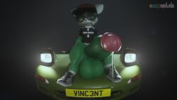 16:9 3d blender_(artwork) blender_cycles car excessive_precum fangs fisheye_lens glans_focus glasses green_body hat headlights hi_res hyper_balls hyper_penis leaking_precum lens_flare mazda mazda_rx-7 one_fang onyxsplash precum_drip precum_on_penis shirt shoes sitting_on_car smug_expression smug_face smug_grin sneakers veiny_penis vincent_(onyxsplash) watermark wearing_glasses