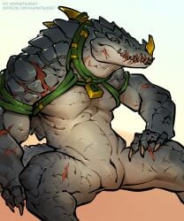 animal_genitalia anthro armband claws countershading crocodilian facial_scar genital_slit genitals gold_(metal) gold_jewelry grey_body grey_scales harness hi_res jewelry ket-dawnatsunset kroxigor lizardman lizardman_(warhammer) male mostly_nude muscular muscular_anthro muscular_male nakai_the_wanderer neck_spikes necklace nose_spike presenting_slit reptile scales scalie scar simple_background sitting solo spread_legs spreading teeth warhammer_(franchise) warhammer_fantasy