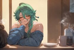 ai_generated alteryors baizhu_(genshin_impact) genshin_impact green_hair hand_on_cheek hoyoverse mihoyo naughty_face novelai seductive seductive_look smile wanting_sex