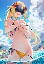 ai_generated beach_background bikini_bottom_down blindfold curvy_female daytime embarrassed_female female_focus nipples_covered people_in_background raaicave ripped_bikini_top shoulders sky_background trigger_(zenless_zone_zero) zenless_zone_zero