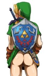 1boy ass balls ballsack behind_view blonde_hair bottomless bottomless_male bulge clothed dat_ass ear_piercing edit edited elf_ears fantasy from_behind hylian light_skin link link_(ocarina_of_time) male male_ass male_ass_focus male_focus male_only nintendo ocarina_of_time shield simple_background solo sword the_legend_of_zelda tunic video_games white_background ygyg2200