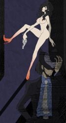 1boy 1girls big_breasts black_hair breasts breasts_out clothed_male_nude_female cmnf curvaceous daisuke_jigen female gun hat heels_only holding_weapon light_skin long_hair lupin_iii male matano_maya mine_fujiko naked nipples nude