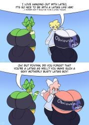 absurd_res balls big_balls big_breasts big_penis breasts brown_eyes bulge busty_boy_(lore) clothed clothing debvye english_text generation_3_pokemon generation_5_pokemon genitals green_body hi_res huge_balls huge_breasts intersex kespuzzuo lake_guardians latias legendary_pokemon legendary_trio male_(lore) maractus nintendo penis pokemon pokemon_(species) povynn reality_shift text transformation yellow_eyes yellow_sclera