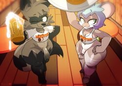 absurd_res alcohol anthro beer beverage clothed clothing duo erection femboy femboy_hooters genitals hi_res hooters hooters_uniform jinx(racc4hire) male male_only mammal mouse murid murine partially_clothed penis procyonid raccoon rodent shirt small_penis smile tail tank_top text text_on_clothing text_on_shirt text_on_tank_top text_on_topwear thick_thighs topwear wide_hipped_anthro wide_hipped_male wide_hips