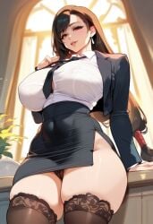 1girls 2d ai_generated big_breasts black_hair black_panties black_thighhighs breasts business_suit female female_focus female_only final_fantasy final_fantasy_vii formal_wear indoors long_hair necklace panties pantyshot pencil_skirt shirt skirt suit tagme thighhighs tifa_lockhart white_shirt