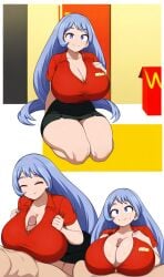 ai_generated blue_eyes busty cleavage hadou_nejire huge_breasts long_hair my_hero_academia nejire_hado paizuri pizza purple_hair thick_thighs