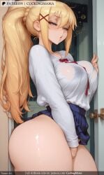 ai_generated ass bangs between_legs blonde_hair blue_eyes blue_skirt blush bra_visible_through_clothes braid breasts covered_nipples covering covering_crotch cuckingmama darkness_ female from_side hair_between_eyes hair_ornament hairclip large_breasts long_hair looking_at_viewer masturbation no_panties ponytail ribbon see-through shirt sidelocks sitting skirt solo tagme thick_thighs thighs x_hair_ornament