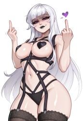 ai_generated alternate_costume bangs black_panties chest_harness covered_nipples cowboy_shot disgust harness heart heart_pasties lace-trimmed_thighhighs lace_trim large_breasts league_of_legends league_of_legends:_wild_rift long_hair lud0vicc middle_finger navel pasties purple_eyes revealing_clothes riot_games smirk syndra taller_female thick_thighs thighhighs white_hair
