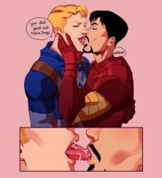 2boys animated_image avengers_assemble blonde blonde_hair captain_america cartoon close_up dialogue face_closeup french_kiss french_kissing iron_man kissing male male/male marvel marvel_comics no_visible_genitalia nsfw spitting_in_mouth steve_rogers tongue_sucking tony_stark yaoi