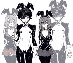 1cuntboy 1futa akira_kurusu blush bunny_boy bunny_ears bunny_girl bunnysuit cuntboy futanari goro_akechi joker_(persona) peeking_penis persona_5 persona_5_royal ren_amamiya reverse_bunnysuit tagme yutaka_pkg