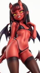 3d ai_generated andrea_asimov anime_style black_bikini demon_girl high_socks meru_(merunyaa) meruccubus_(merunyaa) red_skin stable_diffusion stockings succubus tagme thigh_highs yellow_eyes