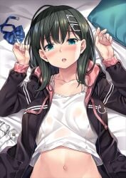 1girls arisugawa_yuri_(mizuhara_yuu) black_hoodie blue_bow blue_bowtie blue_eyes blush bow bowtie breasts camisole collarbone commentary_request green_hair hair_ornament hairclip hood hoodie long_hair looking_at_viewer lying medium_breasts medium_hair midriff mizuhara_yuu navel on_back open_clothes open_hoodie original parted_lips plaid_bow plaid_bowtie plaid_clothes shirt solo unworn_bowtie upper_body wet wet_clothes wet_shirt white_camisole