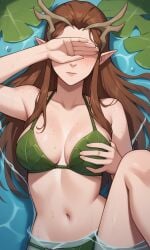 1girls ai_generated antlers ass bigmic145 bikini breasts brown_hair critical_role critical_role:_vox_machina curvy elf elf_ears female female_only freckles green_eyes keyleth leaf_bikini leaf_clothing long_hair pointy_ear the_legend_of_vox_machina