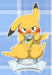 2015 anus ass balls bib blush diaper doneru embarrassed erection hands_on_face looking_at_viewer male mammal nintendo pacifier penis pikachu pokemon pokemon_rgby rodent simple_background solo uncensored video_games