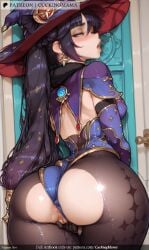 ai_generated ass bent_over black_hair black_legwear blush cameltoe cuckingmama earrings female gloves half-closed_eyes hat jewelry leotard long_hair mona_ pantyhose pussy star_ straight tagme torn_clothes torn_legwear twintails witch_hat