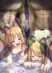 2boys 3girls absurdres animal_ears asaake_hinata bar_censor blonde_hair blue_archive bow breasts censored commentary_request completely_nude cum cum_on_body evil_smile fake_animal_ears group_sex hairbow halo haniwa_(statue) highres midori_(blue_archive) momoi_(blue_archive) multiple_boys multiple_girls netorare nipples nude open_mouth orgasm sex sex_from_behind siblings sidelocks smile straight tears twins yuuka_(blue_archive)
