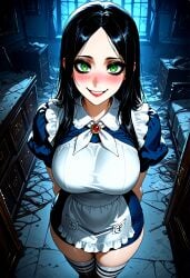 absurd_res ai_generated alice_liddell alice_madness_returns apron arms_behind_back black_hair blush crazy_eyes crazy_smile dress eyeshadow green_eyes large_breasts long_hair looking_at_viewer makeup parted_bangs puffy_sleeves standing the_pleasure_glade thighhighs