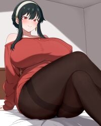 1girls alternate_version_available annrichan big_breasts black_hair black_pantyhose blush breasts crossed_legs ear_piercing earrings female female_only hair hairband headwear huge_breasts large_breasts legs_crossed legwear mature mature_female mature_woman pantyhose red_eyes red_sweater smile solo solo_female spy_x_family strapless sweater thick_thighs thighs yor_briar