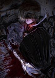 1other absurdres bandana black_eyes black_nails blood blood_on_clothes blood_on_hands closed_mouth despair fetal_position guro highres holding holding_knife jinba_(jinbarta2) knife original self-harm shirt sitting smoking trash_bag white_hair white_shirt