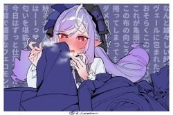 1futa 1futa1girl belle_(zenless_zone_zero) blush bulge drooling ear_blush earrings erection erection_under_clothes futa_with_female futanari grey_hair heart heart-shaped_pupils highres jewelry long_hair long_sleeves looking_at_bulge mirin_chikuwa mole mole_under_eye multicolored_hair multiple_girls open_mouth pointy_ears purple_hair red_eyes single_thighhigh skirt solo_focus streaked_hair symbol-shaped_pupils text_background thighhighs vivian_(zenless_zone_zero) vivian_banshee zenless_zone_zero