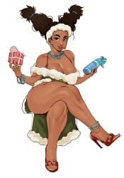 1girls absurd_res aged_up anklet big_breasts black_hair blue_eyeshadow bra_strap bracelet breasts brown_eyes brown_lips bunches christmas christmas_outfit cleavage crossed_legs dark-skinned_female dark_skin earrings female full_body green_dress high_heel_sandals high_heels highres invisible_chair lily_hawk looking_at_viewer mahmapuu nail_polish native_american native_american_female no_panties painted_nails sitting solo spaghetti_strap stiletto_heels street_fighter street_fighter_6 thick_thighs thighs toenail_polish twin_braids white_background white_nails