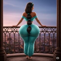 ai_generated aladdin aladdin_(1992_disney_film) arabian_outfit back_view balcony bedroom_eyes belly_dancer big_hips cleavage clothes confident curvy digital_art disney disney_princess elegant exotic fantasy_style female hips_focus jasmine large_ass long_hair outfit ponytail pose princess sexy_clothes silhouette solo sparkle standing sunset thick_thighs tight_clothes turquoise