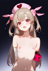 1girls ai_generated armband bandaged_arm blush breasts fangs female heart_print light_brown_hair long_hair looking_at_viewer natori_sana navel nipples nude nurse_cap open_mouth rabbit_hair_ornament red_eyes sana_channel solo virtual_youtuber