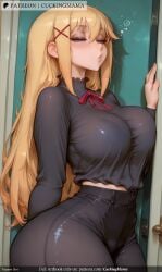 ai_generated bangs black_shirt blonde_hair blue_eyes blush breast_press breasts choker cuckingmama darkness_ female hair_ornament hairclip large_breasts long_hair long_sleeves neck_ribbon pants red_neckwear red_ribbon ribbon sidelocks solo tagme thighs tight x_hair_ornament