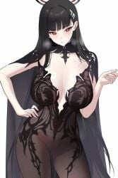 alternate_costume ateoyh black_dress black_hair black_halo blue_archive bodystocking breasts chronopattern_dress dress female hair_ornament halo highres huge_breasts meme_attire non-web_source red_eyes ringed_eyes rio_(blue_archive)