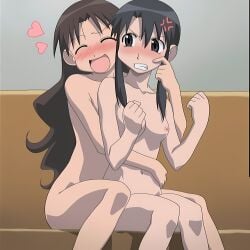 ai_generated aizumanga anger_vein angry azumanga_daiou clenched_hands drunk floating_heart floating_hearts hug hugging hugging_from_behind nyamo_minamo_kurosawa sitting tagme yukari_tanizaki yuri