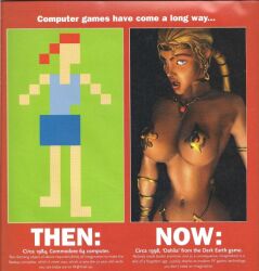 1998 8-bit big_breasts blonde_female blue_shirt blue_skirt breasts commodore_64 comparison dahlia_(dark_earth) dark_earth earrings golden_outfit magazine magazine_advert nipple_covers pc pixel_art scantily_clad