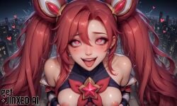 ai_generated bangs blush clothed clothing elbow_gloves fingerless_gloves grabbing_breasts grabbing_own_breast hair_ornament heart heart-shaped_pupils heart_symbol illyfurina jinx_(league_of_legends) league_of_legends league_of_legends:_wild_rift long_hair looking_up makeup medium_breasts motion_blur motion_lines nipples open_mouth pixai red_eyes red_hair ribbon rolling_eyes saliva seducing seduction seductive seductive_body seductive_eyes seductive_gaze seductive_look seductive_mouth seductive_pose seductive_smile small_breasts smile smiling smiling_at_viewer stable_diffusion star_guardian_jinx star_guardian_series tears tears_in_eyes tears_of_pleasure tongue tongue_out torn_clothes trembling twin_buns twintails yandere