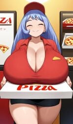 ai_generated blue_eyes busty cleavage hadou_nejire huge_breasts long_hair my_hero_academia nejire_hado pizza purple_hair thick_thighs