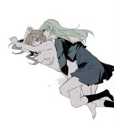 2girls bang_dream! bang_dream!_it's_mygo!!!!! black_socks blue_skirt breasts brown_hair chinese_commentary clothed_female_nude_female commentary_request e-fa-dorn female fingering green_hair groping hair_ornament hairclip long_hair medium_breasts multiple_girls nagasaki_soyo nipples no_shoes nude school_uniform skirt socks sweat tsukinomori_school_uniform wakaba_mutsumi yuri