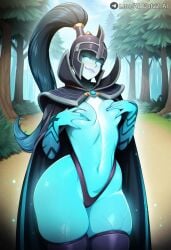 ai_dota_ai ai_generated artist_name black_cape black_hair black_thighhighs blue_skin breasts cape colored_skin covering_breasts covering_privates day dota_2 female forest glowing helmet long_hair looking_at_viewer medium_breasts nature navel neocoill_(ai_style) outdoors panties phantom_assassin ponytail skindentation smile solo tattoo thick_thighs thighhighs topless tree underwear watermark wide_hips