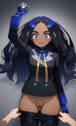 1girls ai_generated arm_at_side assisted_exposure black_hair black_jacket black_pants blue_eyes blue_shirt dark-skinned_female dark_skin disembodied_hands exposed_pussy geeta_(pokemon) holding holding_tera_orb humiliation looking_down open_mouth pants pants_pull pokemon pokemon_sv pussy ribbon solo surprised surprised_face tera_orb undressing_another wavy_mouth wide-eyed yellow_ribbon