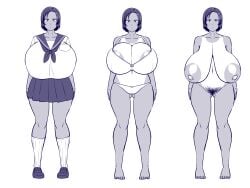 aki_(amazon) amazon_(taitaitaira) areola_slip bra breasts completely_nude female freckles full_body gigantic_breasts gluteal_fold hair_ornament huge_areolae huge_nipples kneehighs large_areolae large_breasts large_nipples looking_at_viewer monochrome nude original panties pubic_hair ribbon saggy_breasts sailor_collar sailor_uniform short_hair simple_background skirt socks standing swimsuit_tan tan tanline underwear white_background