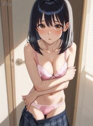 1girls ai_generated bra cleavage cowboy_shot himeragi_yukina indoors looking_at_viewer medium_breasts panties parted_lips seacreator shy skirt standing strike_the_blood undressing