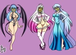 3girls barefoot cross_necklace demon dress female female_only green_face high_heels inner_moka kurono_kurumu kyo-domesticfucker lipstick long_hair makeup mask rosario+vampire she_mask shirayuki_mizore sling_bikini succubus succubus_tail succubus_wings the_mask transformation vampire