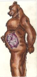 anthro ass bear belly big_bad_bear big_belly bigbadbear brown_body brown_fur claws domestic_pig duo fur hand_on_belly hi_res inside_stomach internal larger_pred looking_at_belly male male/male mammal nude nude_pred nude_prey oral_vore pink_body side_view simple_background size_difference smile standing suid suine sus_(pig) tail vore wet wet_body white_background