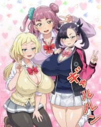 3girls aged_up alternate_breast_size alternate_costume alternate_hairstyle big_breasts bimbo black_hair blonde_hair bow bowtie breasts breasts_bigger_than_head brown_eyes collar colored earrings green_eyes gyaru heart hitokiwa_kenchin huge_breasts jacket japanese_text lacey_(pokemon) leggings lillie_(pokemon) long_hair looking_at_viewer marnie_(academy)_(pokemon_masters) marnie_(pokemon) nipple_bulge peace_sign pink_hair pokemon pokemon_masters pokemon_masters_ex pokemon_sm pokemon_ss pokemon_sv pokemon_sv_indigo_disk ponytail school_uniform schoolgirl scrunchie short_skirt skirt smile smiling snowpowder198 text thick_thighs thighs twintails