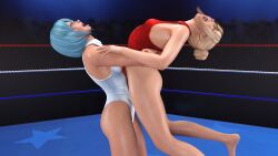 2girls 3d 3d_(artwork) 3d_model blonde_hair blue_hair catfight dead_or_alive fight fighting fighting_ring flat_chest kamikaze_aegis marie_rose nico_(doa) one-piece_swimsuit short_hair tagme twintails wrestling wrestling_ring wrestlingryona