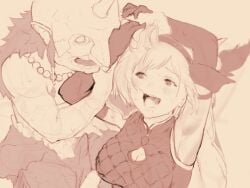 2=8 2equal8 breasts cleavage cleavage_cutout defeated defeated_heroine djeeta_(granblue_fantasy) goblin goblin_male granblue_fantasy granblue_fantasy:_relink granblue_fantasy_versus interracial interspecies interspecies_domination male_dominating_female male_domination masochism monochrome pulling_hair saliva saliva_drip saliva_string saliva_trail short_hair sketch smile thirsty
