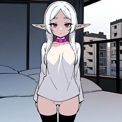 ai_generated collar elf emotionless frieren frieren_beyond_journey's_end hypnosis mind_control no_panties pink_eyes pussy standing stockings t-shirt white_hair zxcsuxarik3