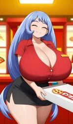 ai_generated blue_eyes busty cleavage hadou_nejire huge_breasts long_hair my_hero_academia nejire_hado pizza purple_hair thick_thighs