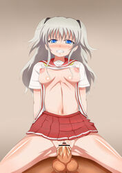 1boy 1girls ahe_gao arms_behind_back blue_eyes blush breasts censored charlotte_(anime) clothing cum cum_in_pussy cum_inside female forced male nipples open_clothes reverse_cowgirl_position rolling_eyes saliva school_uniform schoolgirl serafuku sex silver_hair skirt spread_legs tears teeth tomori_nao tongue_out wet